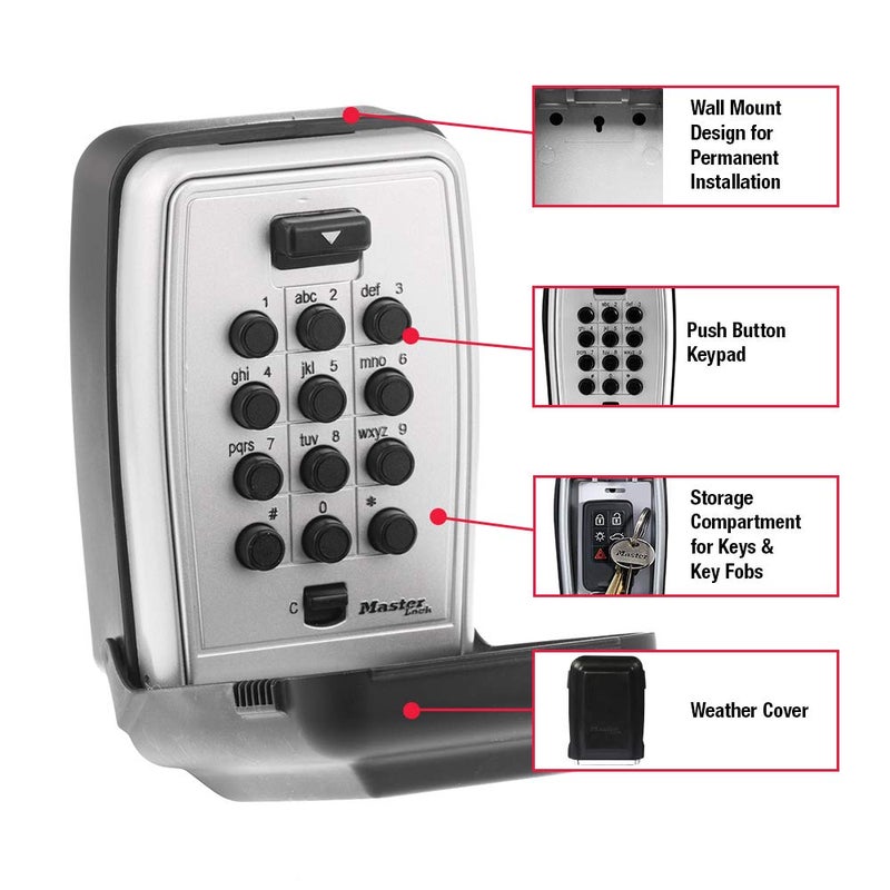 Master Lock Wall Mount Key Lock Box with Push Button for House Keys, Outdoor Safe with Combination Lock, 5 Key Capacity, 5423EC , Black - Image 2